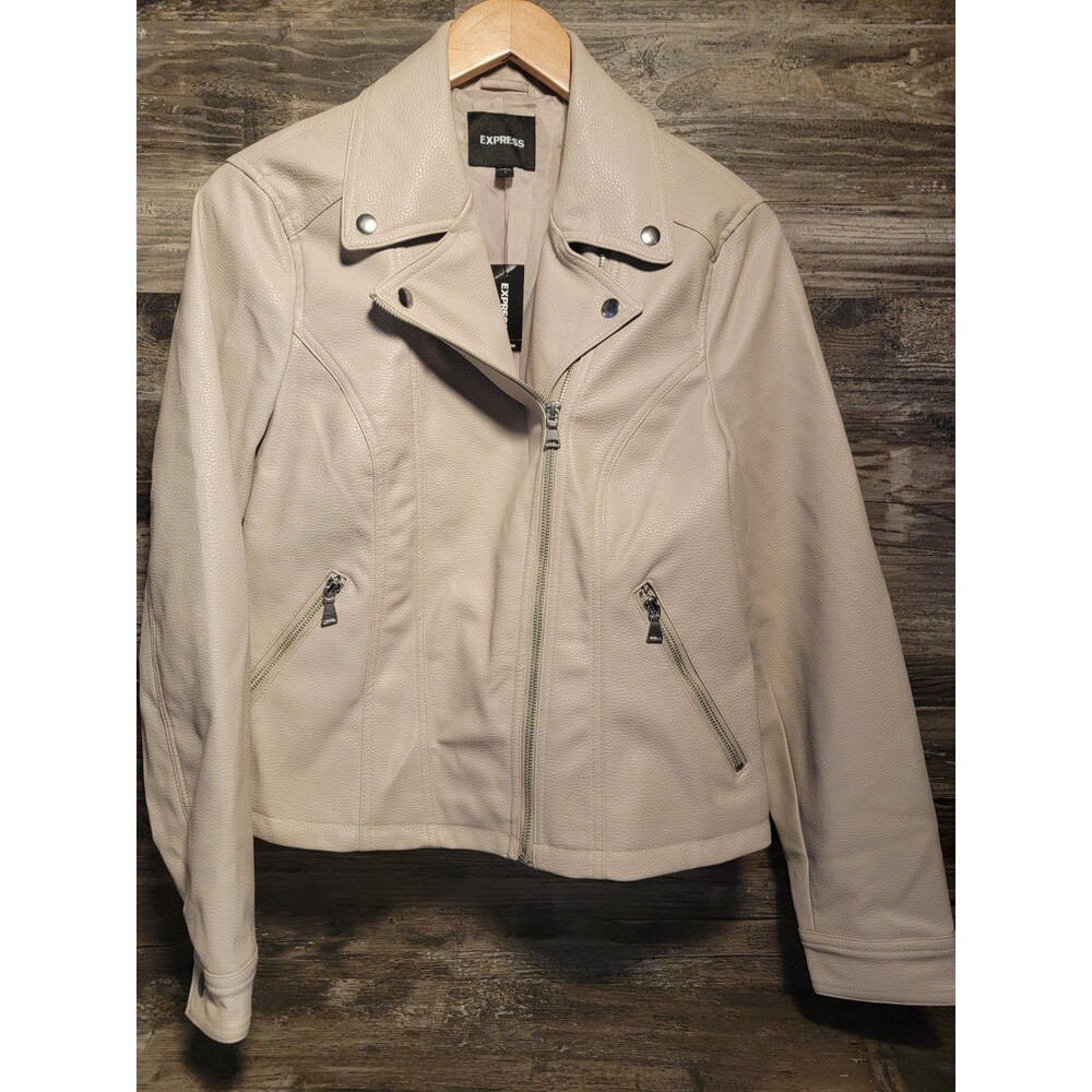 Express Jacket Womens L Beige Faux Leather Moto Biker Zip Pockets Textured New